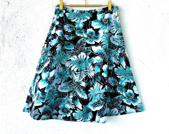Vintage Hawaiian Floral Palm Skirt Mint Black Hawaii Midi Full Skirt