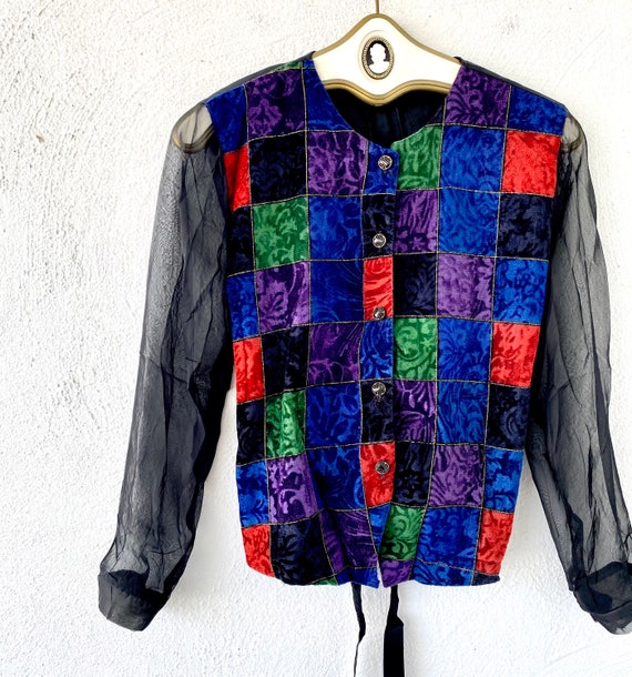 Vintage 80s 90s Crushed Velvet Patchwork Vest Top… - image 5