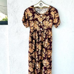 Vintage 90s Rose Floral Dress 1990s Cottage Midi Dress