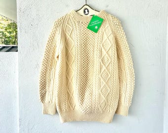 Vintage 70s Irish Wool Fisherman Sweater Handmade White Chunky Knit Top