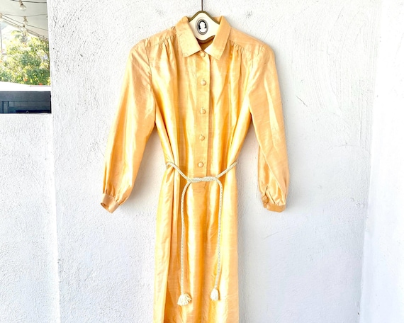 Vintage 60s Silk Dress Collared Shiny Golden Yellow Shirtdress