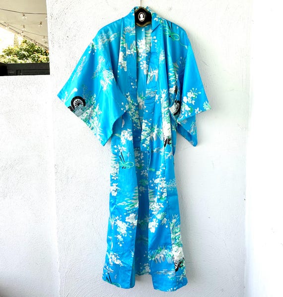 blue floral kimono dress Blue Country Floral Kimono Sleeve Slit Maxi Dress / Ivory