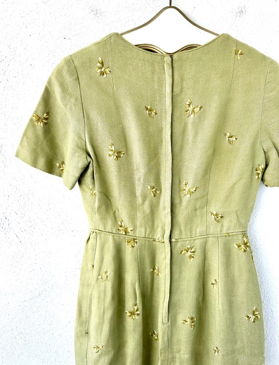 Vintage 40s 50s Butterfly Embroidered Linen Dress… - image 9