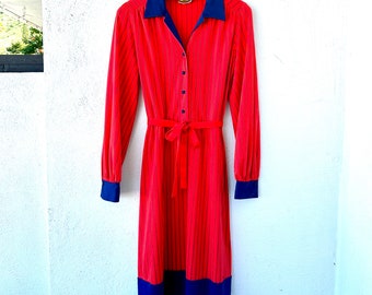 Vintage Alfred Shaheen 60s 70s Collared Dress Red Blue Shirtdress