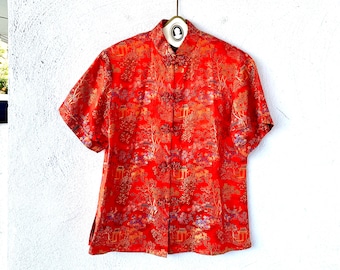 Vintage 70s Peony Red Brocade Chinese Top Asian Graphic Shiny Shirt