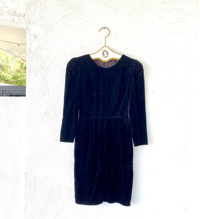 Vintage 80s Black Velvet Strong Shoulders Mini Dress image 1