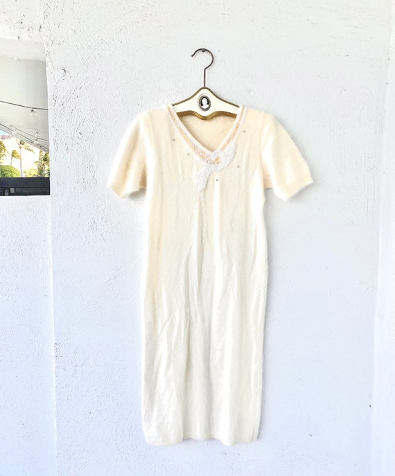 Vintage Angora Knit Dress 80s Beaded White Fuzzy … - image 2