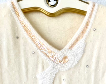 Vintage Angora Knit Dress 80s Beaded White Fuzzy Sweater Shirtdress