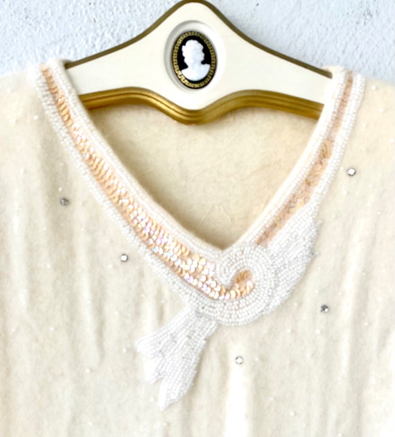 Vintage Angora Knit Dress 80s Beaded White Fuzzy … - image 1