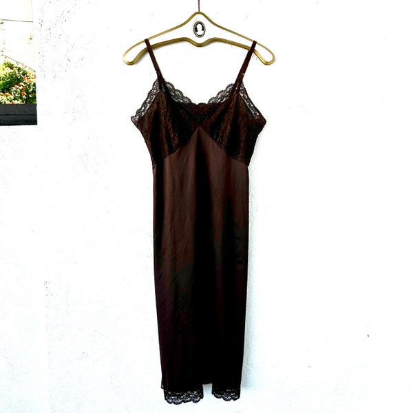 Vintage 50s 60s Lace Slip Dress Chocolate Brown Embroidered Lace 1950s Lingerie