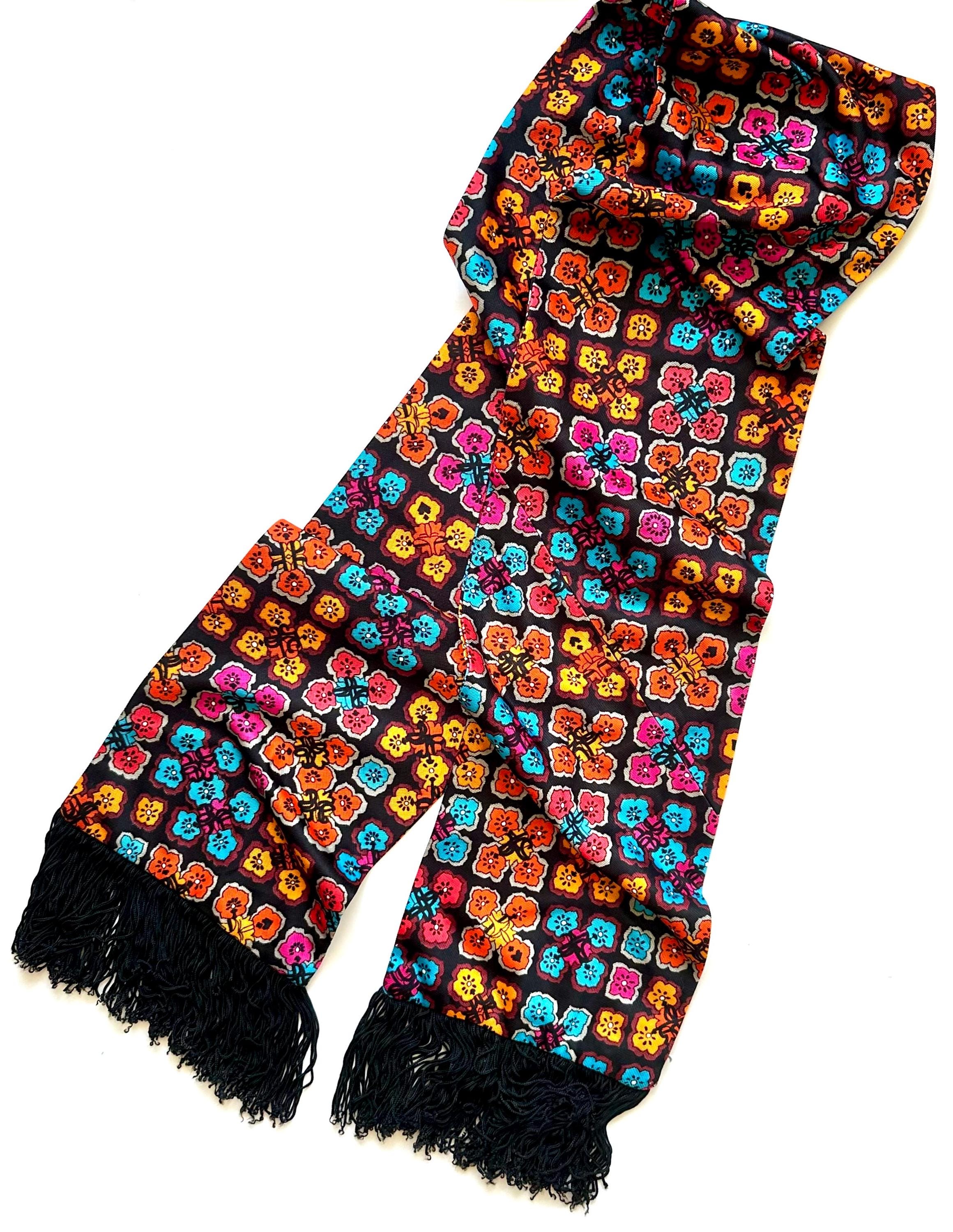 Vintage 60s 70s Bright Floral Scarf 1960s Flower Power Mod 1970s Psychedelic Accessory