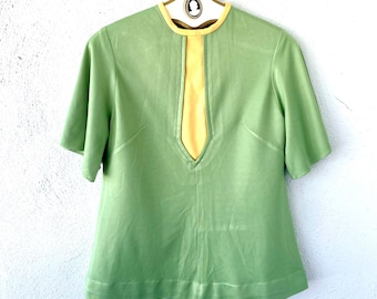 Chemise vintage des années 60 à blocs de couleurs et col montant