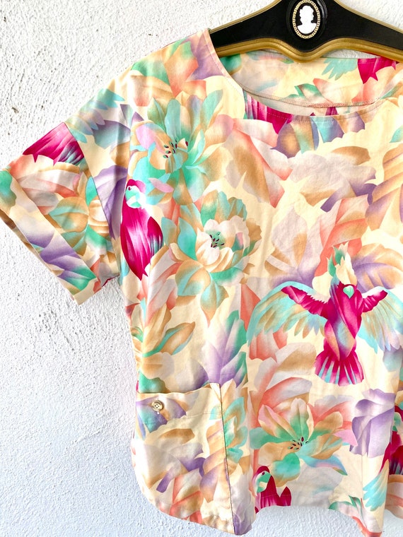 Vintage 80s Hawaiian Tropical Shirt Parrot Jungle… - image 2