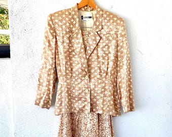 Vintage 90s Silk Suit 1990s Blazer Skirt Set Floral White