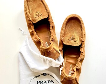 Vintage Prada Driver Loafers Suede Brown Tan Leather Shoes