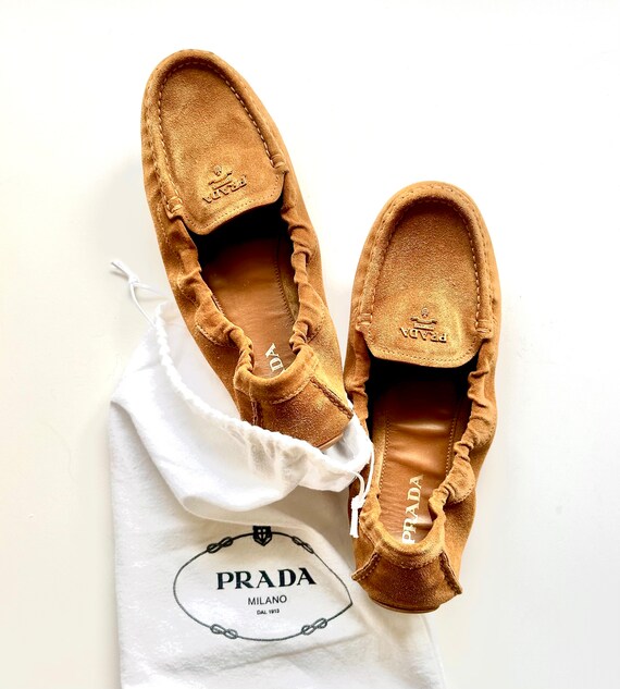 Vintage Prada Driver Loafers Suede Brown Tan Leath