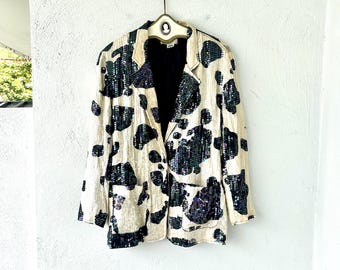 Vintage 80s 90s Dalmatian Sequin Jacket 1980s Black White Glam Blazer