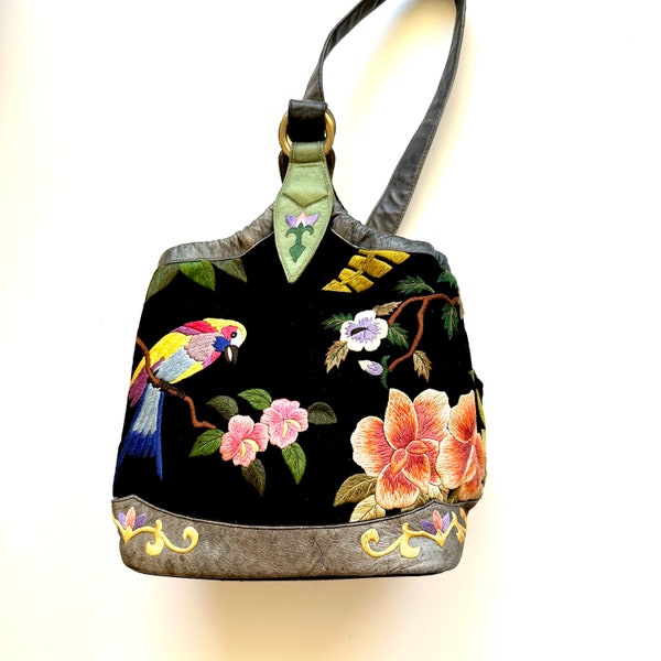 Vintage 90s Y2k Embroidered Sling Bag Bird Floral Purse Velvet Leather Shoulder Bag Backpack