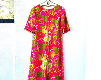 Vintage 60s Hawaiian Muumuu Dress: Neon Pink Floral Bell Sleeve