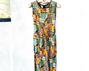Vintage 80s Hawaii Floral Jumper // Night Blooming Cereus Flower Hawaiian Graphic Long Maxi Dress