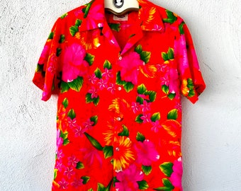 Vintage 60s Day Glow Hawaiian Shirt 70s Neon Bright Hawaii Collared Top