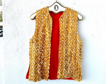 Chaleco disco vintage de lentejuelas doradas de los años 60, top glamuroso bordado