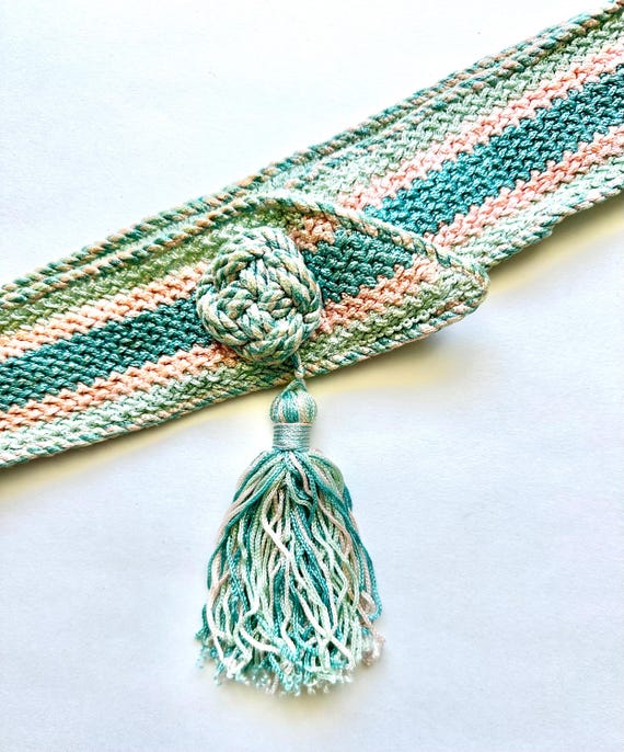 Vintage Woven Stripe Belt Womens Small Pink Blue Natural Straw Eco Boho Holiday Vintage Boho Woven Belt Striped Hippie Wide Sash Pink Blue  main image 4