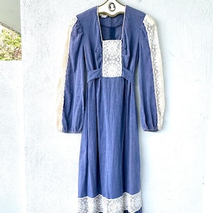 Vintage gaasjurk jaren 70 Gunne Sax-stijl jaren 1970 Prairie Reviva kanten jurk