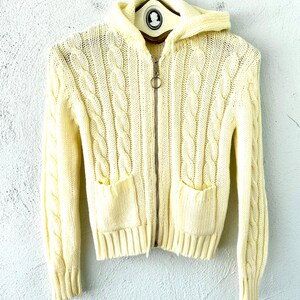 Vintage 1970s Boho Crochet Sweater Hoodie // 70s White Knit Cardigan Hippie Poncho