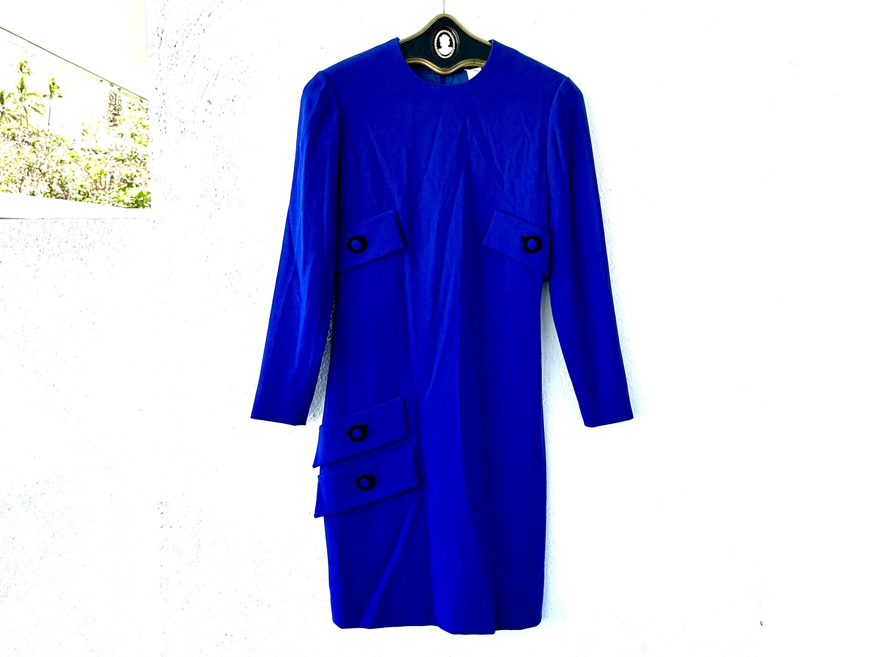Vintage Gianni Versace Blue Dress 1990s Big Button Shirtdress
