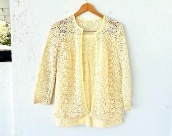 Vintage 60s Embroidered Lace Skirt Set: Yellow Lace Cutout Cardigan Top