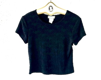 Top de malla transparente Y2K de Versace vintage de los años 90, camisa negra con gráfico moteado y borroso de los años 90