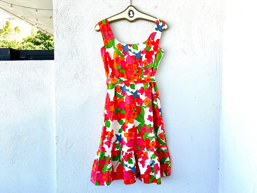 Vintage 60s 70s Malia Hawaiian Dress 1960s 1970s Butterfly Birds Bright ...