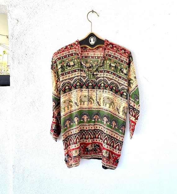 アメリカ通販ファッション Boho Indian 70s Vintage Hippie Elephant India Shirt Gauze トップス
