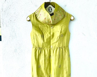 Vintage 60s Embroidered Silk Dress 1960s Lime Green Asian Cheongsam Sheath High Neck Dress