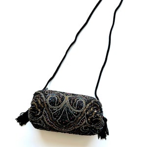 VINTAGE 80s 90s Black Silver Gold Striped Heavily Beaded Satin Bag 