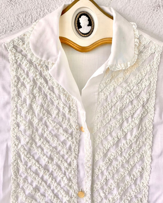 Vintage 70s Prairie Lace Collar Shirt White Ruffl… - image 3
