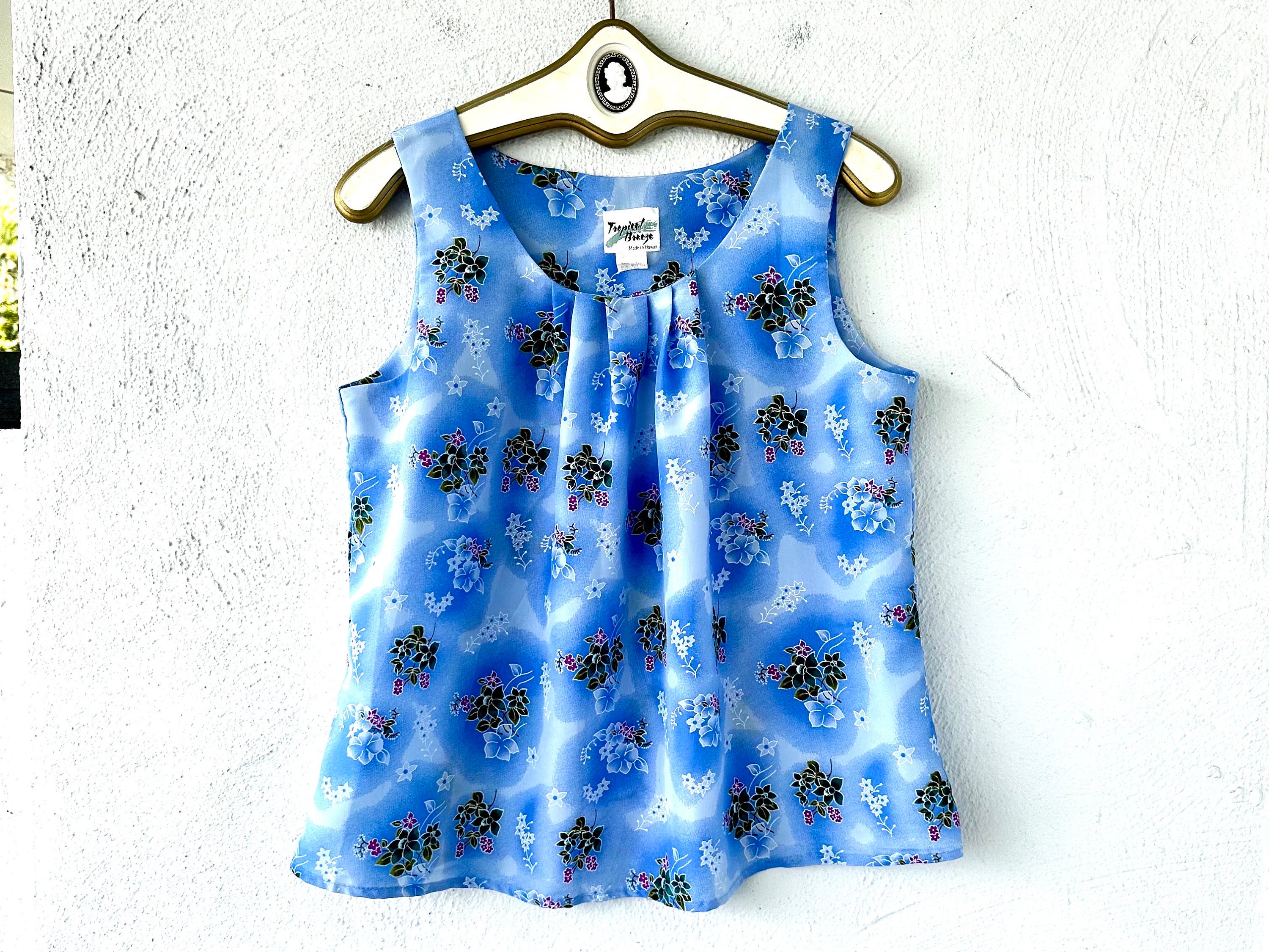 Vintage 70s Hawaiian Floral Tank Top 1970s Hawaii Blue Swing Shirt