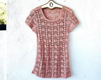 Vintage 70er Jahre Boho Häkelshirt 1970er Jahre rosa Strickpullover Top