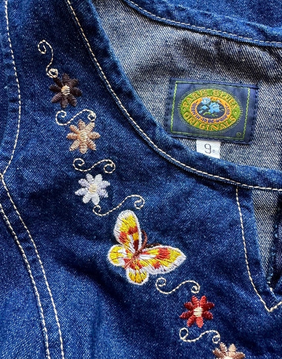 Vintage Embroidered Butterfly 90s Denim Dress Jea… - image 2