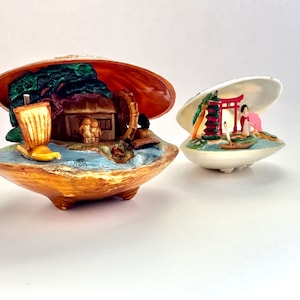 Vintage japonés celuoide almeja concha diorama figura 1930s - 1950s Japón souvenir conjunto de 2