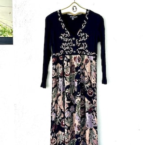 Vintage 90s Boho Embroidered Hippie Dress 1990s Dark Floral Gauze Dress