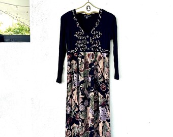 Vintage 90s Boho Embroidered Hippie Dress 1990s Dark Floral Gauze Dress