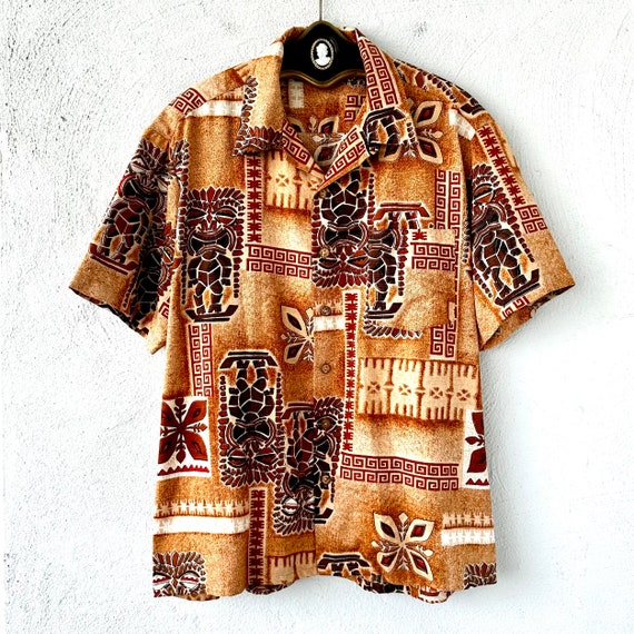 Vintage Hawaiian Barkcloth Tiki Shirt Hawaii Aloha