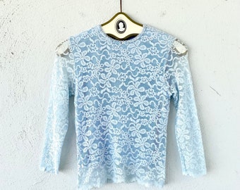 Vintage 90s Lace Babydoll Blue Shirt with Rhinestone Trim