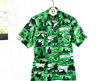Vintage 80s 90s Hawaiian Corvette Aloha Shirt Green Hawaii Uniform Top