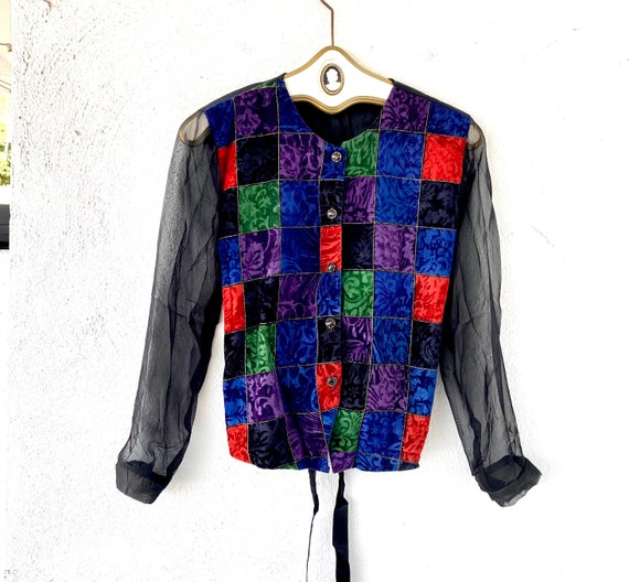 Vintage 80s 90s Crushed Velvet Patchwork Vest Top… - image 1