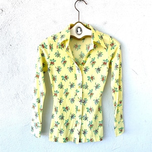 Vintage 70s Disco Large Collar Shirt Yellow Floral Shirt