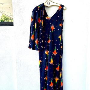 Vintage 70s Bright Floral Dress Shirt Set 1970s Large Collar Shirt Maxi Dress