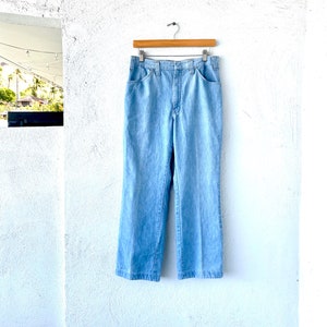 Vintage 70s Dickies Boyfriend Jeans // 1970s Bell Bottom Light Blue Faded Wide Leg Flare Denim Pants